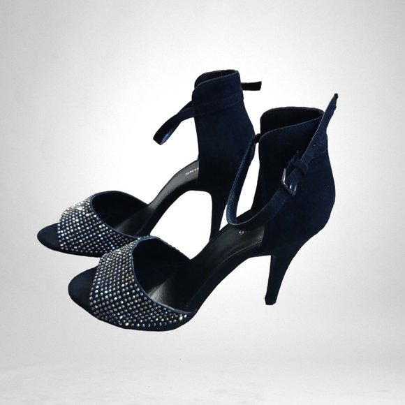 Call It Spring Rhinestone Crystal Black Faux Suede Ankle Strap Stiletto Heels - Picture 6 of 12